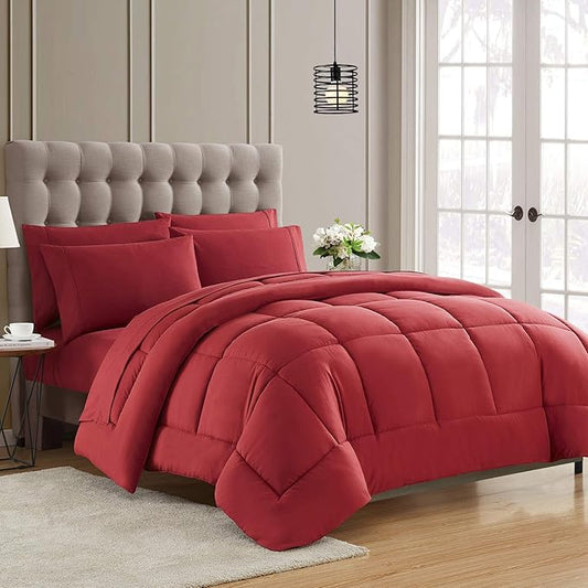 Down Alternative Comforter All Season Warmth Luxurious Plush Loft Microfiber Fill Duvet Insert Bedding, Queen, Burgundy (Pack of 8)