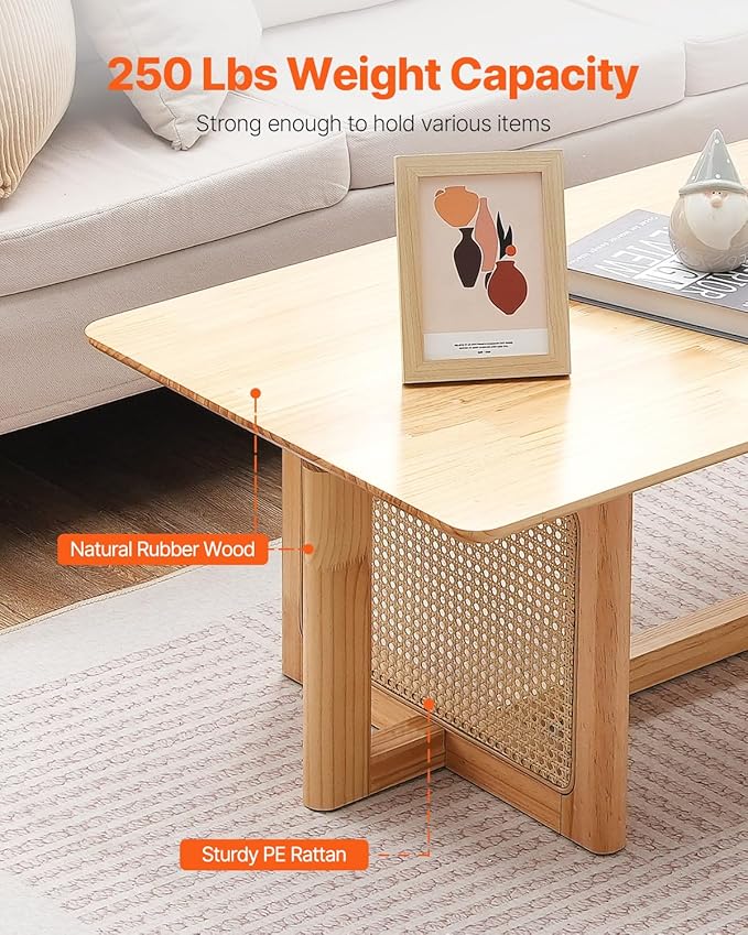 VEVOR Rattan Coffee Table, Rectangle Woven With Rubber Wood Top, 47-Inch Modern Boho Storage Table With Natural Legs, for Living Room, Bedroom & Small Spaces