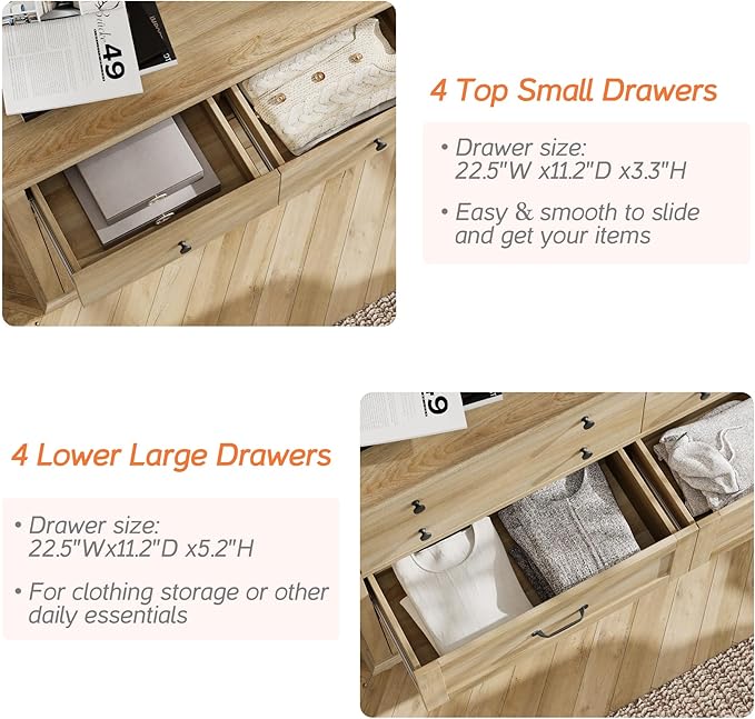 WAMPAT 2 Piece Bedroom Set - Includes 8 Drawer Dresser for Bedroom, Light Wooden Nightstand with Charging Station & Drawers, 2 Piece Dresser and Nightstand Sets, Oak