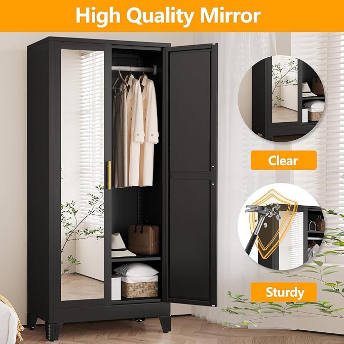 Ckzbx 71" H Metal Armoire Wardrobe Closet with Mirror,Adjustable Shelve, Clothes Drying Pole, Steel Wardrobe Cabinet for Bedroom (Black)