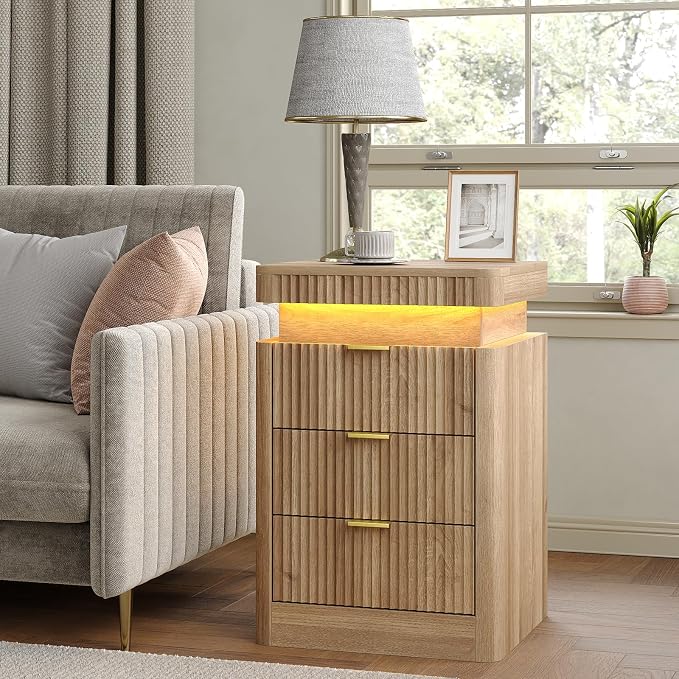 Yanosaku Night Stand Set of 2 with Charging Station, 3-Drawer Fluted LED Bedside Tables with Sliding Top & USB Outlets, Modern End Tables for Small Bedroom Living Room, Oak - Image 9