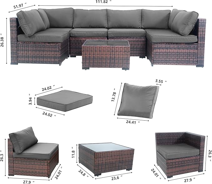 7 Piece Outdoor Patio Furniture Set, Rattan Weather-Resistant Outdoor Conversation Set, Outside Furniture Patio Sectional Sofa Set with Thick Cushions and Coffee Table, Gray