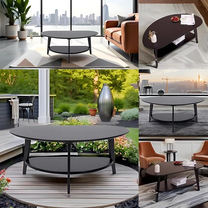 Mid Century Modern Coffee Table, Oval Coffee Tables with Storage for Living Room, 2 Tier Solid Wood Center Table, Black Coffe Tables, Easy Assembly, 40.2" D x 22" W x 17.7" H