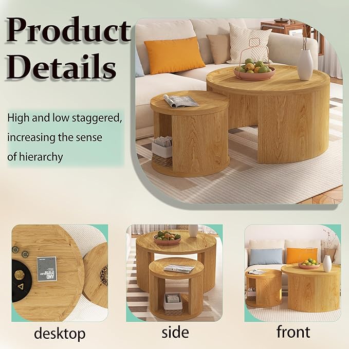 Round Nesting Coffee Table Set of 2, Mid Century Modern Circle Coffee Table, 31.5"&18" Wooden Circle Accent Tables with Wood Top, Minimalist Center Table, Space-Saving Side Table Set for Living Room