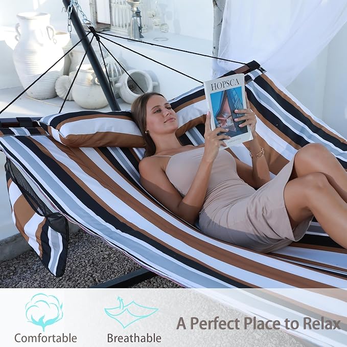 TegerDeger 12FT 2 Person Hammock Large Hammock 450LB Capacity with V Shaped Hardwood Spreader Bar & Nylon Rope for Outside, Patio, Garden, Backyard, Beach, Poolside - Coffee Stripes - Image 2