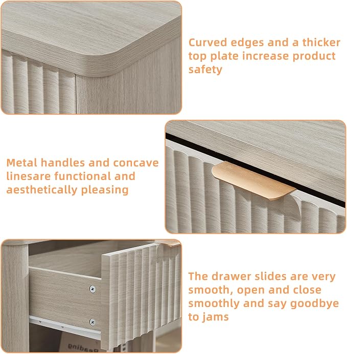 LEYAOYAO 23" Wide Fluted Night Stand with Charging Station, 1 Drawers Large End Table with Storage, LightGrey Nightstand Wood Bedside Tables, Farmhouse Cabinet Dresser for Bedroom, Closet - Image 6