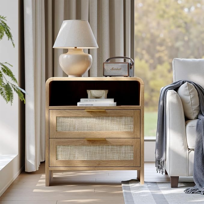 Evermagin Rattan Nightstand Set of 2 with Charging Station, 23" Large Oak Night Stand with 2 Rattan Drawers, Boho Bedside Table Tall End Table with Outlet for Bedroom - Image 8