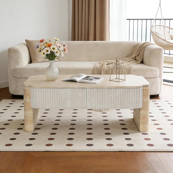 39" Lift Top Coffee Table with Hidden Storage, Faux Marble Lift Pull Up Tabletop for Living Room, Modern Wooden Rectangular Coffee Table, Beige Mars Pattern