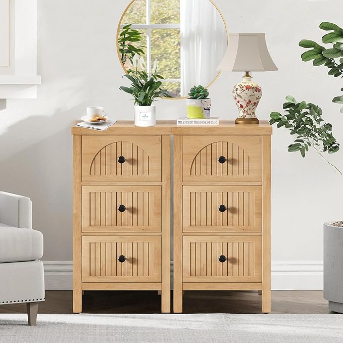 Nightstands Set of 2 Side Table with Fluted Drawers,Mid Century Modern Nightstand,29.33‘’ Tall Wood Bedside Table with 3 Drawer,Narrow Bed Side Table for Bedroom,Small Space,Oak, 2 Piece by Lxsxhome