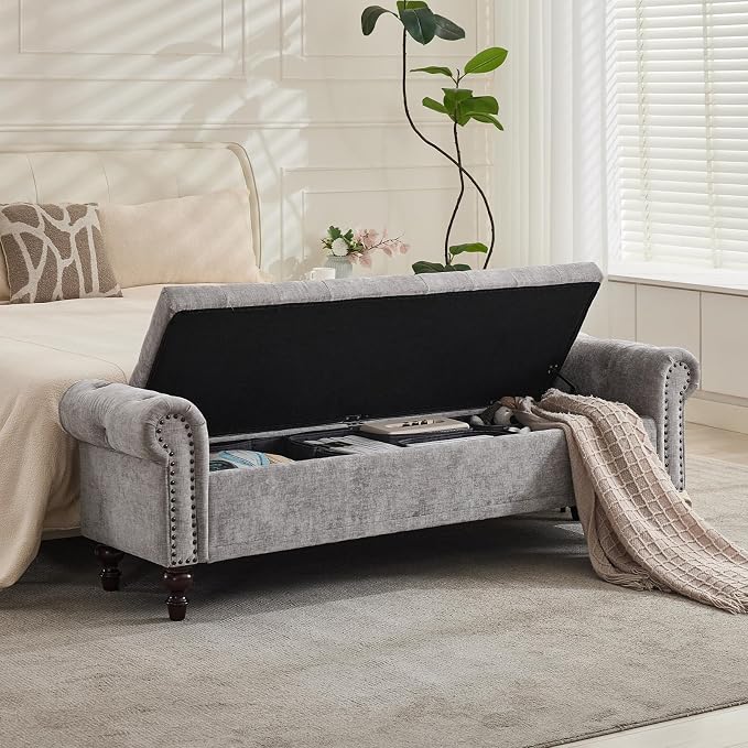 SOFTHION Storage Bench for Bedroom, 67" End of Bed Bench King Size, Upholstered Chenille Storage Ottoman with Tufted Cushioned Rolled Arm Large Storage Space for Living Room Entryway, Light Grey by SofthionDesign
