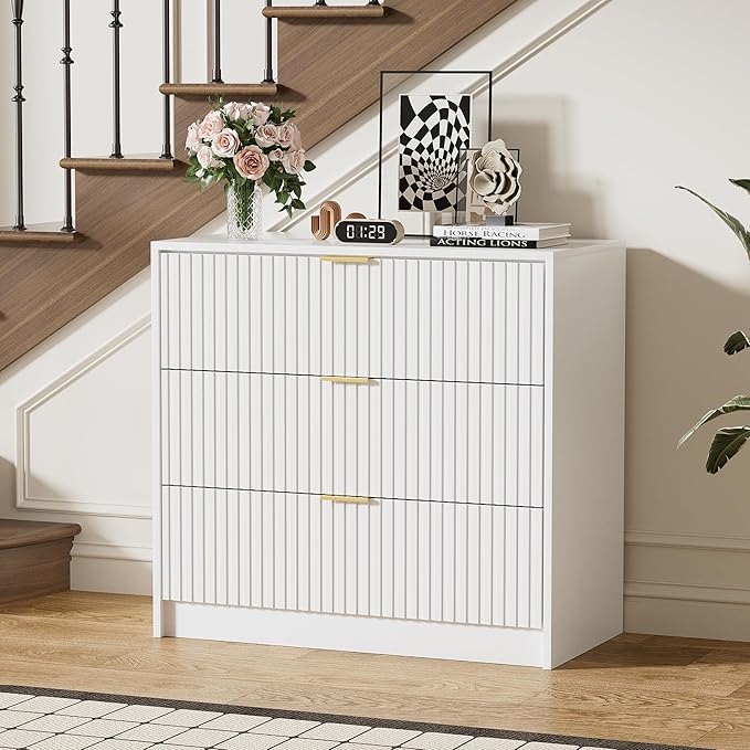 Furniway White Dresser Bedroom Set 3 Pieces, Nightstands Sets of 2, 5 Drawer Dresser with Gold Handles for Bedroom