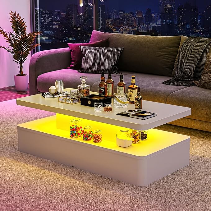 47" Modern Living Room Tables, LED Coffee Table with LED Lights, 2 Tier Rectangular Center Table with Large Storage, High Glossy Surface, Tea Table for Living Room, White