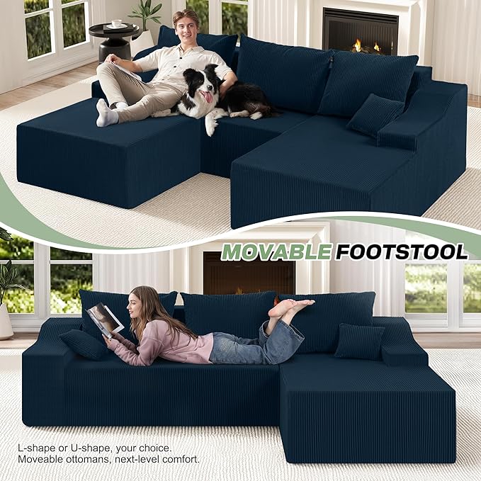HABUTWAY U Shaped Modular Sectional Couch for Living Room, Modular Cloud Sofa with Ottoman, No Assembly Boneless Couches with Deep Seat, Corduroy Fabric (Blue, Right Facing)