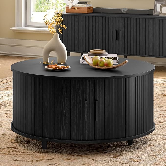31.5 Inch Round Coffee Table, Mid-Century Modern Coffee Table wtih Storage, Fluted Coffee Table with Adjustable Footpads, 360° Rotating Sliding Door, Center Table for Living Room (Black)