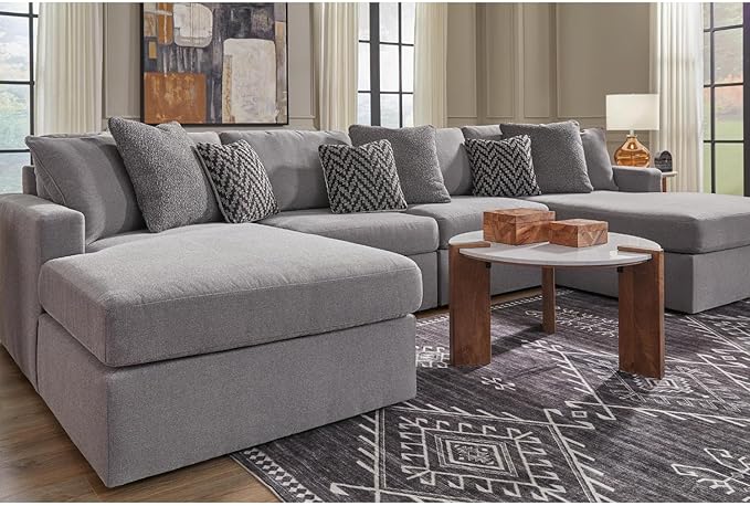 Signature Design by Ashley Modmax Stain Resistant Minimalist Modular Anti Sag 4-Piece Double Chaise Sectional with Reversible Cushions and 2 Accent Pillows, Light Gray