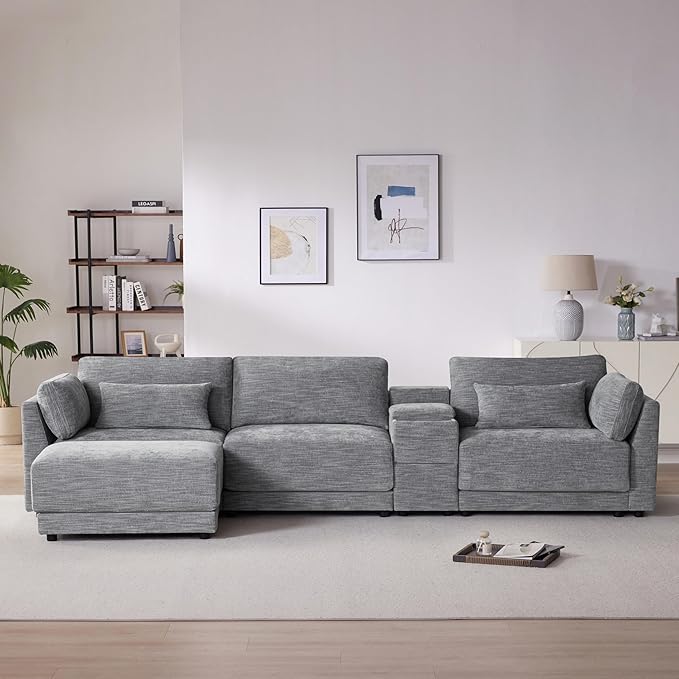 124" L-Shaped Corner Sectional Sofa with Multi-Functional Storage Console for Home Apartment, Luxury Chenille Upholstered Cloud Couches W/Wireless Charger & Ottoman