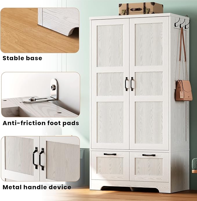 ANCTOR Armoire Wardrobe Closet, 71" H Wooden Clothing Storage Cabinet with 2 Doors and 2 Drawers, Bedroom Freestanding Wardrobe Combination with Hanging Rod and Shelves, White
