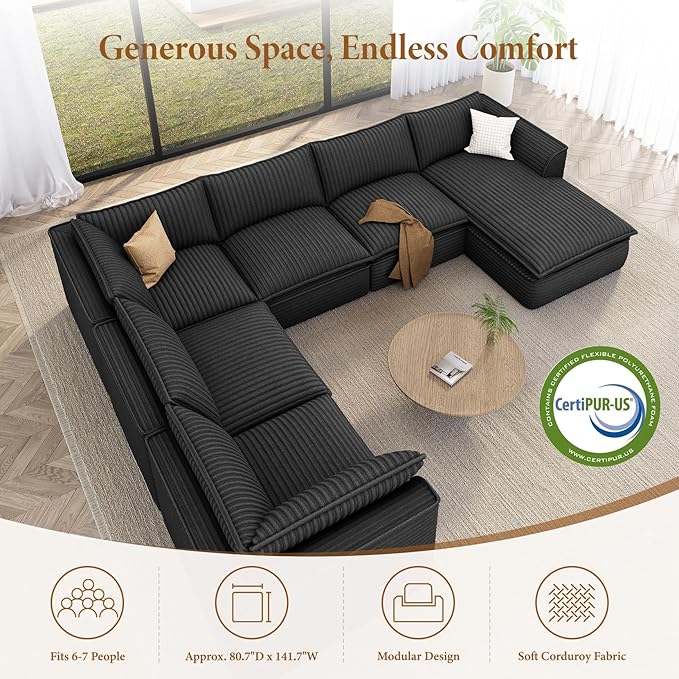 Vesgantti 141.7" Oversized Modular Sectional Sofa, Modern 7 Seat Boneless Couch with Chaise, Deep Seat Plush Corduroy Cloud Style for Living Room, No Assembly Required, Dark Gray