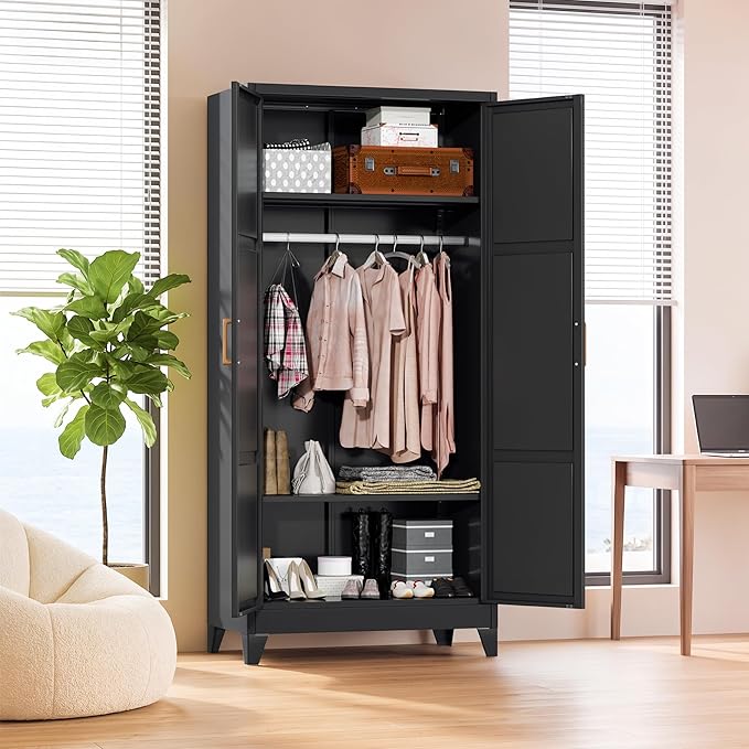 Greenvelly Metal Wardrobe Cabinet, 19" D x 34" W x 71" H Metal Wardrobe Closet with Hanging Rods and Adjustable Shelves,Clothing Storage Closet Cabinet for Bedroom, Cloak Room, Laundry Room (Black)