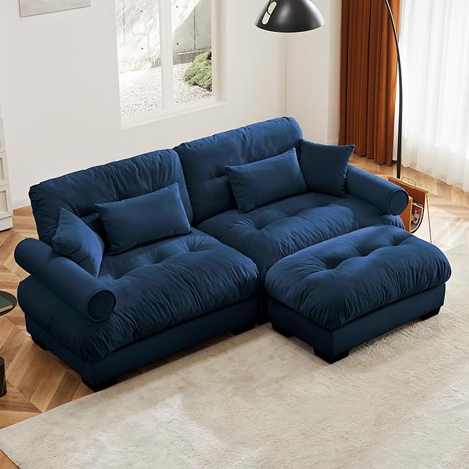 KEIKI 94" L-Shaped Oversized Velvet Modular Sectional Loveseat Sofa with 1 Ottoman, High-Density Foam Cushion, Bolstered Armrest, Upholstered 2-Seater Cloud Couch with 4 Pillow, for Living Room, Blue
