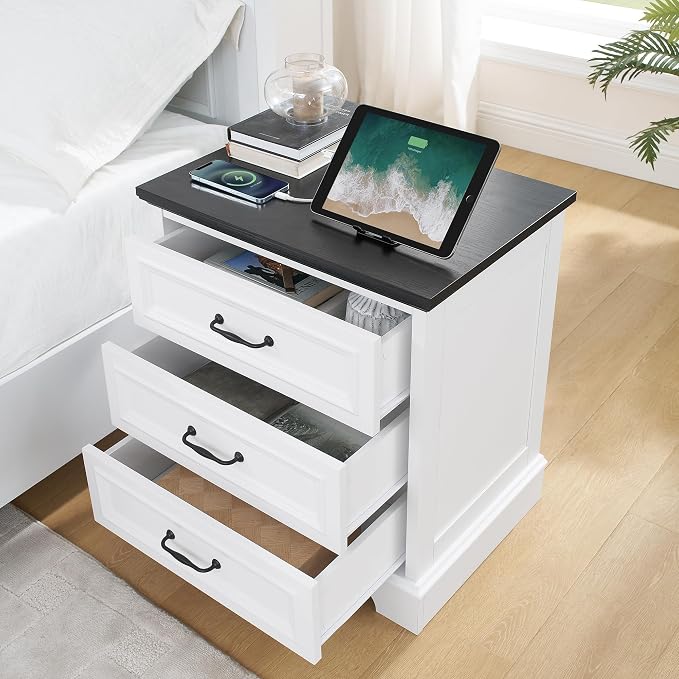 Farmhouse Nightstand Set of 2, Wood Night Stand with 3 Drawers and Charging Station Modern Bedside Table for Bedroom End Side Table Storage Cabinet Small 6 Drawers Dresser (2) - Image 2