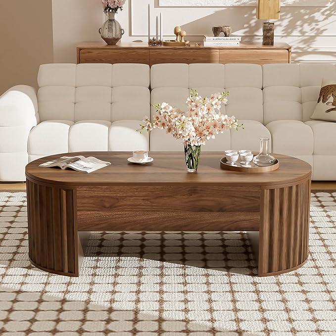 Lift Top Coffee Table with Storage Hidden Compartment, Partially Assembled Wooden Fluted Center Table, 47.2" Modern Oval Smart Lift Tabletop for Home Living Room Office-Brown