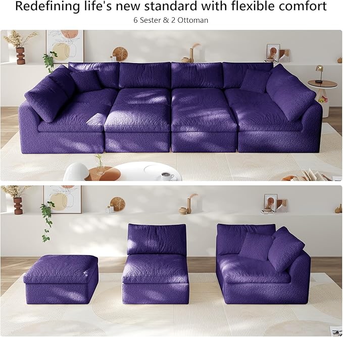 Modular Sectional Sofa Boneless Cloud Couch for Living Room, U Shape Deep Seat Recliner Sofa with Ottoman, Adjustable Backrest & 2 Throw Pillows - Covers Washable, (Purple, 6 Seater+2 Ottoman)