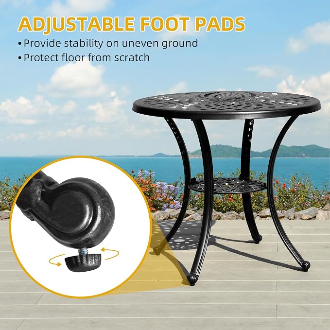 DWVO 30 Inches Round Patio Dining Table with Umbrella Hole, Antique Cast Aluminum Outdoor Bistro Table Outdoor Side Table for Backyard, Garden, Patio, Porch, Black - Image 6