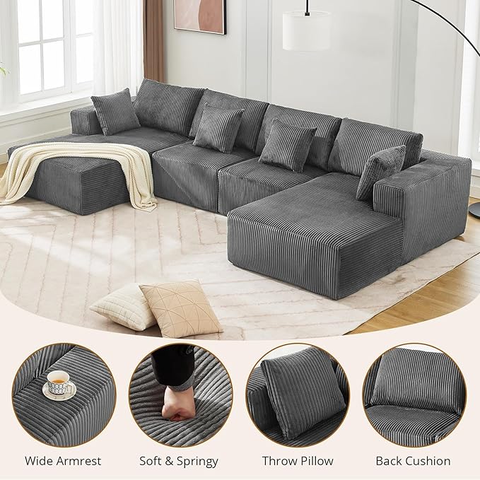 Cloud Boneless Couch 137" Modern Sectional U-Shaped Comfy No Assembly Required Convertible Compression Sleeper Modular Sofa with Corduroy Fabric Deep Seat Single + Chaise for Living Room