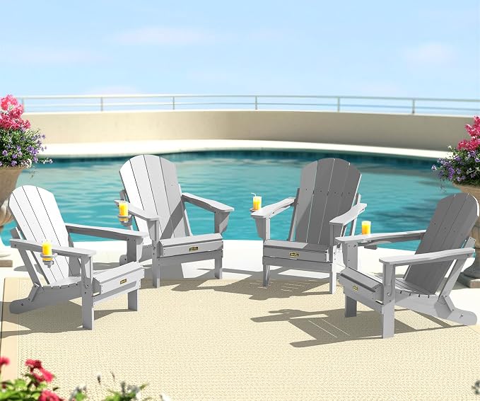 SERWALL Folding Adirondack Chair Set of 4, Weather Resistant HIPS Patio Chairs with Cup Holder for Garden Outdoors Fire Pit- Spanish Gray by SERWALL