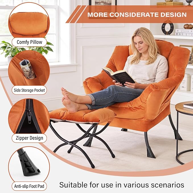 MBOOYOME Lazy Chair with Folding Ottoman, Modern Accent Armchair with Armrests, Side Pocket & Foldable Footstool, Reading Chair for Living Room, Bedroom, Dorm & Office, Velvet Orange