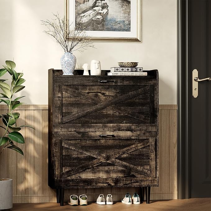 VINGLI Shoe Storage Cabinet for Entryway with 2 Flip Drawers, Ultra Slim Freestanding Entryway Shoe Organizer with Wood Tapered Legs,Hidden Closed Shoe Rack,31.6"W * 9.4"D * 39.4"H, Dark Rustic Oak - Image 6