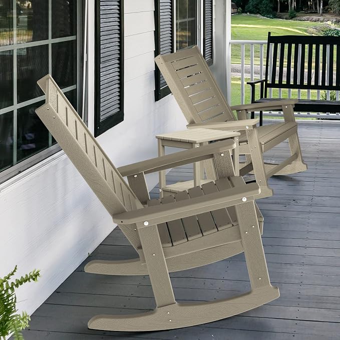 GREENVINES Outdoor Rocking Chairs | Set of 2 | Porch Rocker | HDPE Plastic | Wood Grain | Oversized Rockers | High Back | Big & Tall | Ladder Back | Desert Brown | for Patio Outside - Image 5