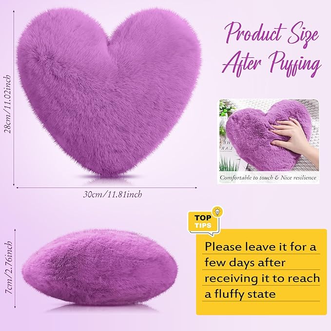 Marsui 2 Pcs Heart Throw Pillows, Soft Fluffy Faux Fur Decorative Hearts Shaped Pillows for Living Room Sofa Bed, Cute Heart Themed Gift for Women(Dark Royal Purple,11.81 x 11.02 Inch)