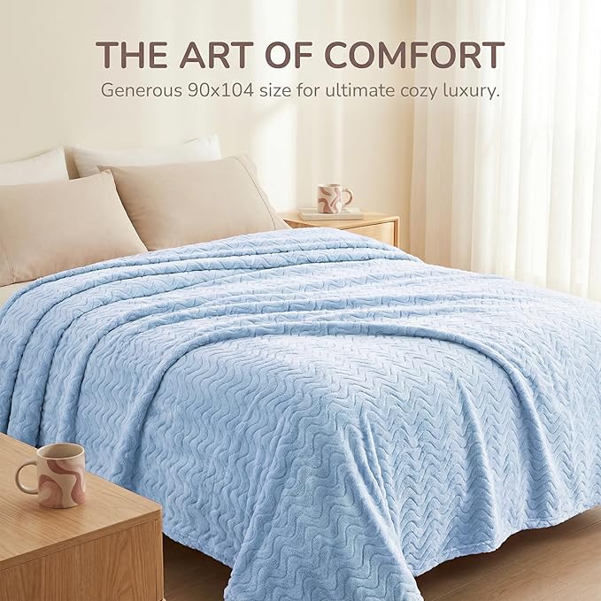 Exclusivo Mezcla King Blanket for Bed, Cozy Lightweight Fleece Blankets for All Season, Decorative Giftable Fuzzy Plush Wave Textured Suitable for Women, Men, Light Blue, 90x104 Inches