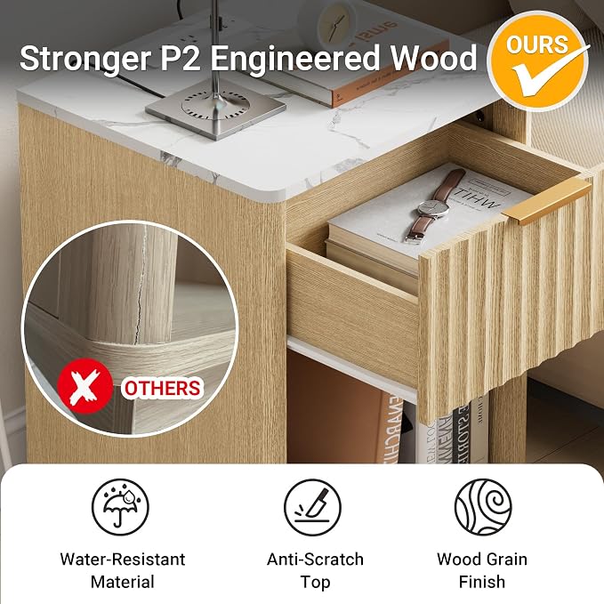 Fluted Nightstand, Night Stand Set 2, Nightstands Set of 2 with Charging Station and Faux Marble Top, Wooden End Table with Drawer, Modern Bedside Table for Bedroom Living Room, Natural Oak - Image 6
