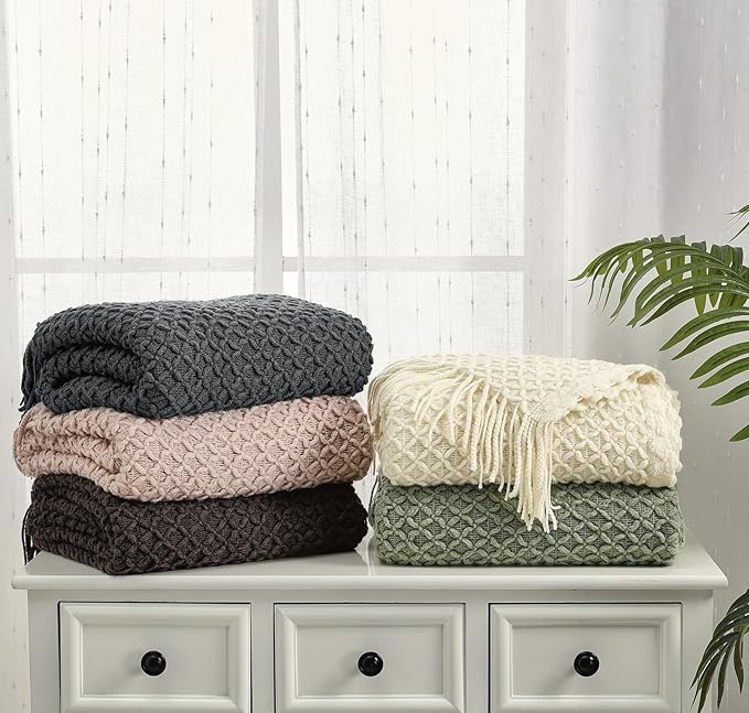 CREVENT Farmhouse Boho Knitted Throw Blanket for Couch Sofa Chair Bed Home Decoration, Soft Warm Cozy Light Weight for Spring Summer Fall (50''X60'' Chocolate)