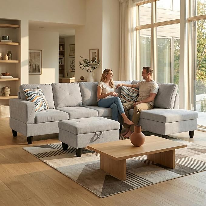 NicBex Modular L-Shaped Sectional Couches, 3-Piece Convertible Couch with Storage Ottoman, 4-Seat Comfy Sofa with Chaise for Living Room & Apartment, Light Sand