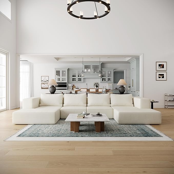 Acanva Oversized Modular Sectional Sofa with Removable Washable Slipcovers, Modern Low Profile Deep Seat Couch for Living Room, Linen-Like-Cream, 4 Armless Chairs & 4 Armrests/Ottomans