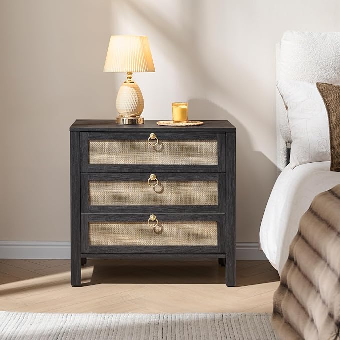 SICOTAS Night Stand with Drawers, Large Rattan Bedside Table with Golden Handle, 3 Drawers Nightstand Tall End Table Side Table Boho Nightstand for Bedroom - Image 8