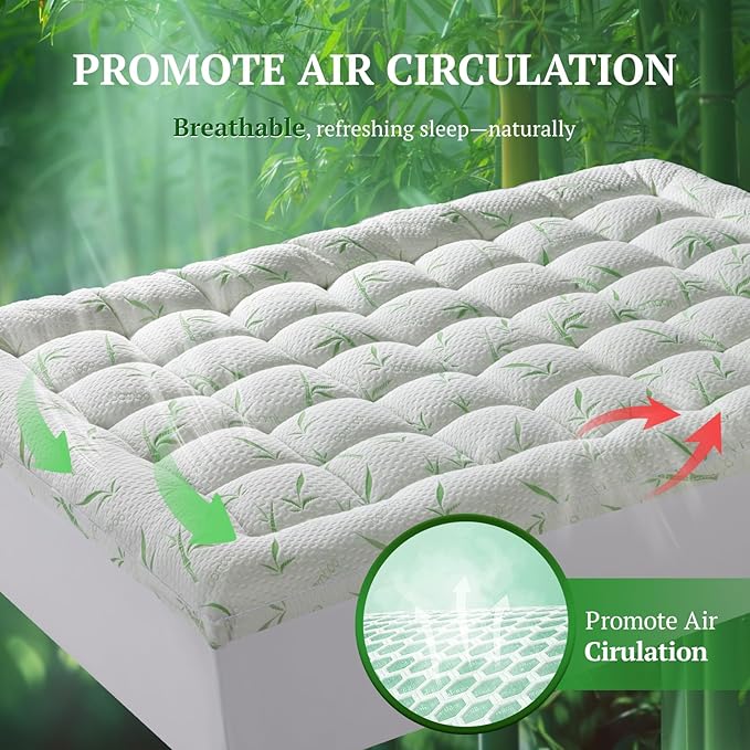 Mattress Pad Queen Size - 600 GSM 3D+7D Down Alternative Fill, Viscose Made from Bamboo Cover, Extra Firm for Back Pain, 6"-18" Deep Pocket (60"x80")