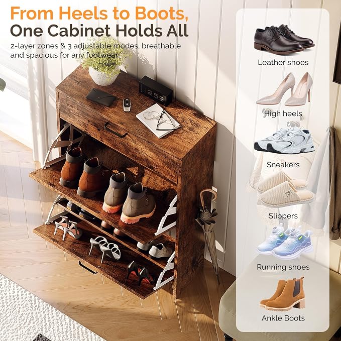 VINGLI Shoe Cabinet Storage for Entryway Ultra Slim with 2 Flip &1Drop-Down Drawers, 24.8" W Narrow Shoe Cabinet for Front Door Entrance,Freestanding Rustic Brown Wood Shoes Organizer for Hallway - Image 4