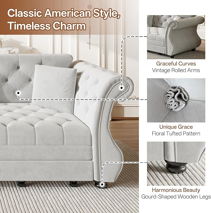 Eafurn Oversized 4-Seater Chesterfield Loveseat Convertible King Size Sleeper Couch Bed,Classic Tufted Velvet Pull Out Loveseat Sofa Bed with Roll Armrest and Solid Wood Legs