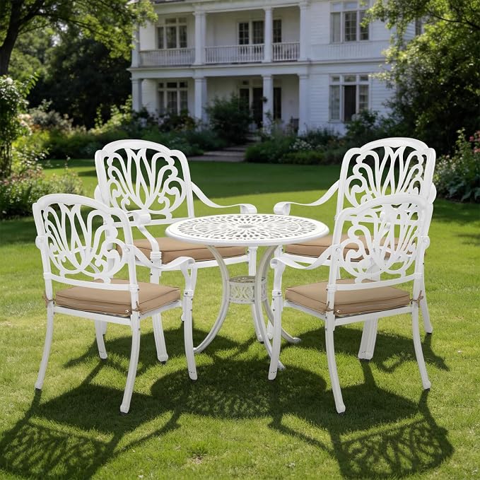 VINGLI Patio Chairs Set of 4 - Stackable Outdoor Cast Aluminum Dining Chairs with Vintage White Finish and Floral Pattern, Metal Armchairs for Poolside, Backyard, Balcony (with Cushion) - Image 8