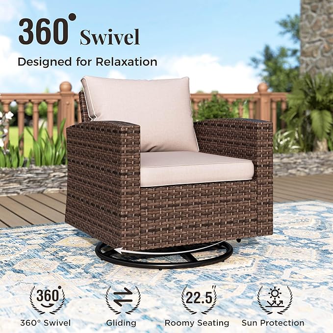 Swivel Glider Patio Furniture Set, 5 Pcs Wicker Rattan Outdoor Conversation Set, 2 x Swivel Chairs, 1 x 3 Seater Sofa and 2 x Ottoman with 4" Thick Cushion, Beige