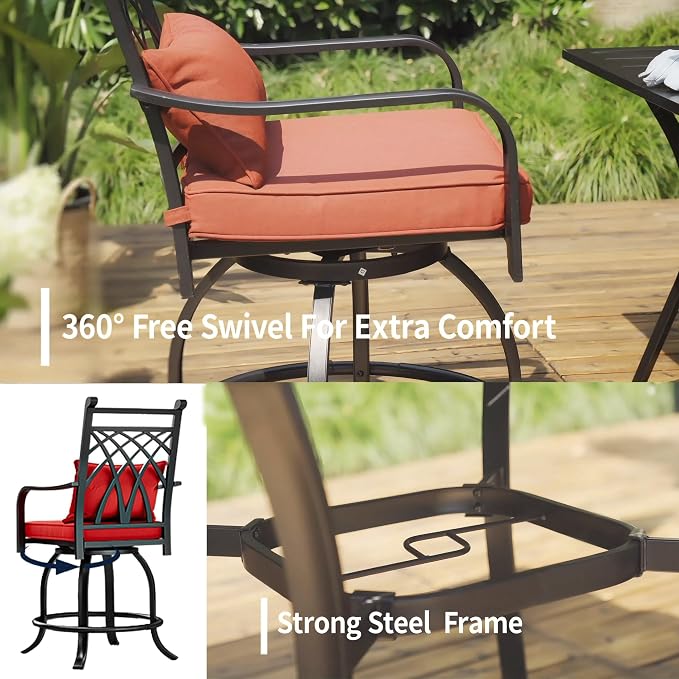 DWVO Metal Outdoor Bar Stools Set of 2, Heavy-Duty Bar Height Outdoor Chairs 352 Lbs Capacity, All-Weather E-Coated Swivel Barstools with Red Cushion & Pillow for Patio Deck Balcony - Image 4