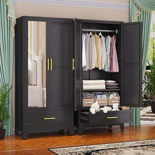 GAIOUS Steel Armoire Wardrobe Closet with Mirror Doors, 71" Household Wardrobe Cabinet with Hanging Rod and Drawer, Metal Clothing Storage Cabinet with Adjustable Shelf for Bedroom, Cloak, Gym(Black)
