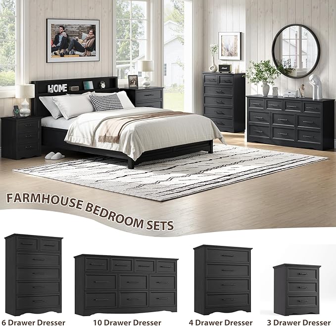 Bedroom Set, 3 Pieces Bedroom Furniture Set, Wood 4 Drawer Dresser and 3 Drawers Nightstands with Charging Station, Farmhouse Storage Organizer Cabinet for Bedroom, Black