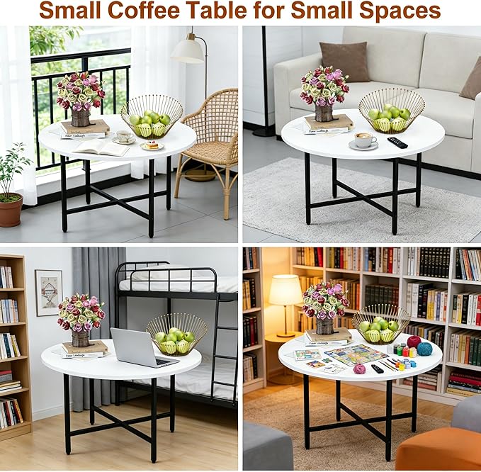 Coffee Table, 23.6" Coffee Tables for Living Room, Round Coffee Table with Metal Frame, Floor Table for Sitting on The Floor, Home, Office, White