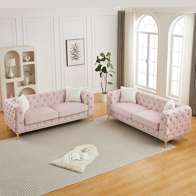 KEIKI 2-Piece Luxury Chesterfield Sofa Set with 2 Velvet 3-Seater Sofa, Mid-Century 6-Seater Tufted Buttons Couch Set with 4 Pillows & High-Density Foam Cushions, Easy Assembly, for Living Room, Pink